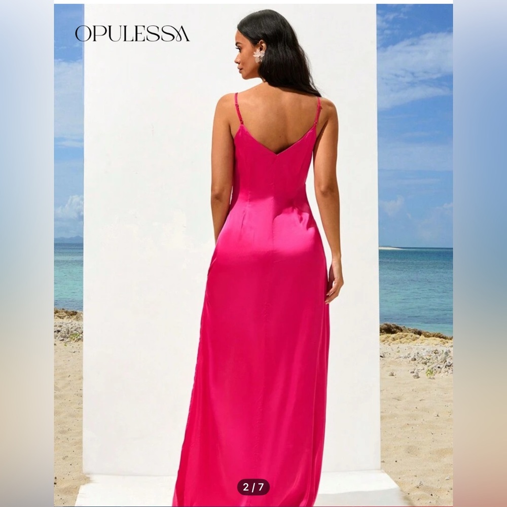 NWOT Opulessa Women HOT PINK Color Spaghetti Strap Simple Fitting Long Dress - Picture 7 of 17